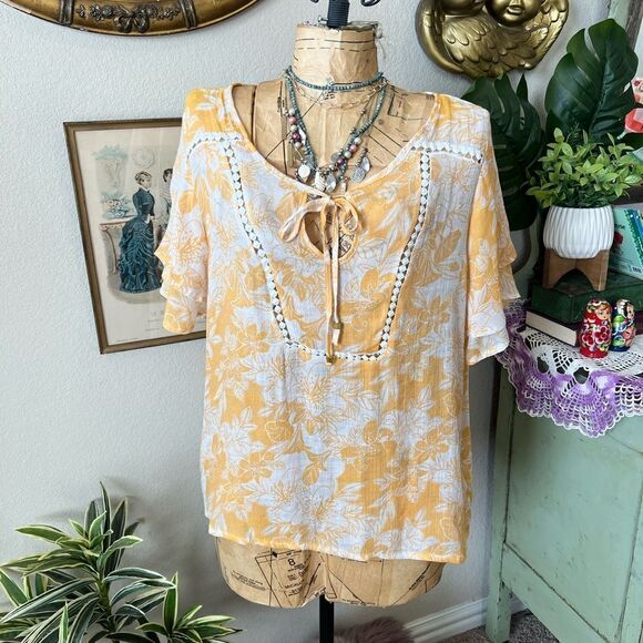 Adrianne Vittadini White Yellow Floral Flutter Sleeve Blouse Plus Sz 2X See Det. - Picture 1 of 13